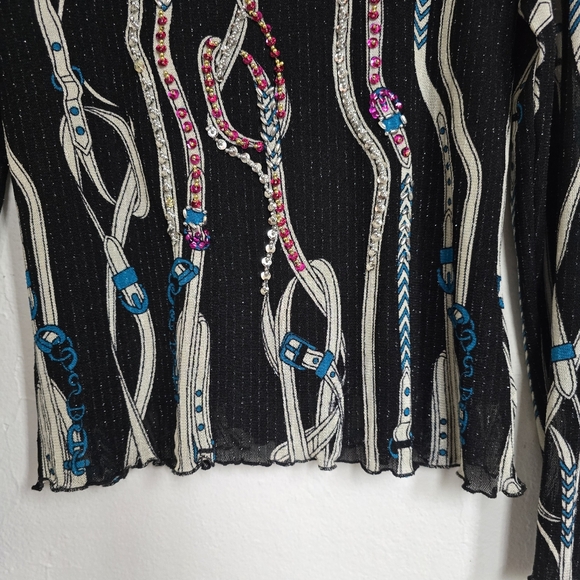 AZI Jeans Sheer Mesh Belt Print Beaded Y2K Top Size M - Picture 9 of 16